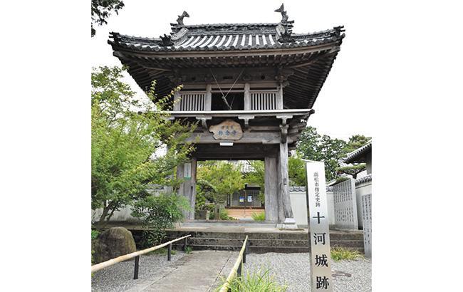 十河城跡。現在は称念寺になっている。鯱がのった山門がある。