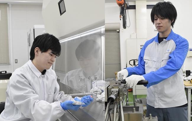 左：マグミット製薬 研究開発本部研究部 評価課 黒森 稜弥さん（高松第一高校出身） 右：協和化学工業 テクニカルセンター 技術サポート課 石川 洸さん（高知高専出身）
