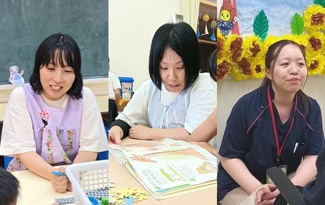 左：らく楽寺井幼稚園　保育教諭　新居　奈々子さん（高松中央高校出身） 中：らく楽第二保育園　保育主任　大塲　美千留さん（高松第一高校出身） 右：グループリビングらく楽丸亀市役所前　介護職員　篠原　杏奈さん（藤井高校出身）