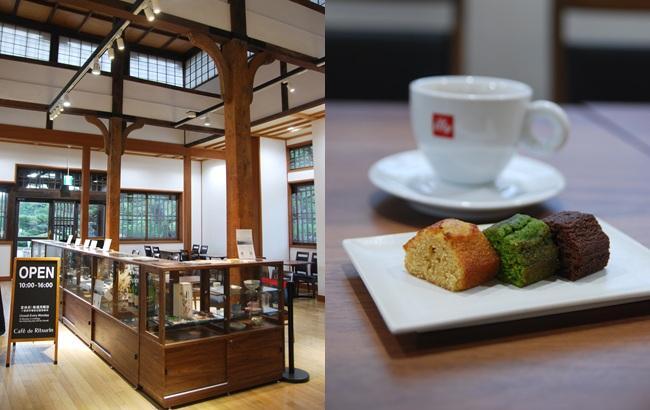 Café de Ritsurin内観とフィナンシェ3種食べ比べセット（550円）