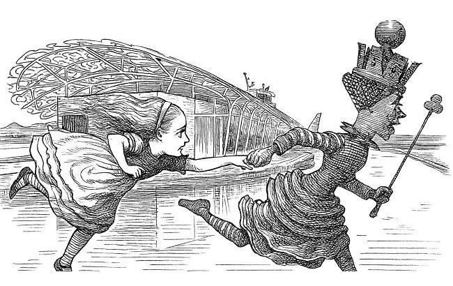 生成AIにより作成した男木島の魂の前を走る赤の女王とアリス