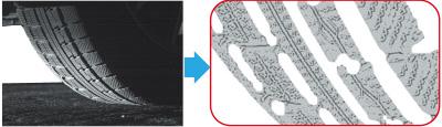 溝が多いスタッドレスタイヤ（左）／撮影読取処理後の画像（右）