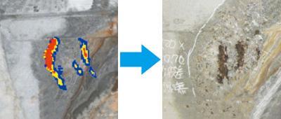 左：赤外線画像から損傷を検出（赤：要注意、黄：注意、青：観察） 右：コンクリート剥離部分を撤去