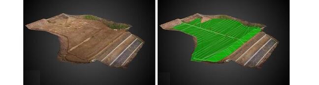 ドローンによる3D地形測量データ（左）に盛り土計画の設計データ（緑）を合わせたもの（右）。 計画の内容が分かりやすい
