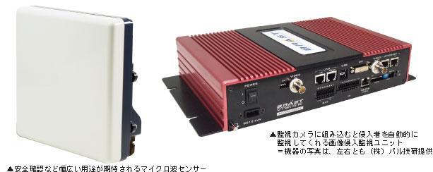 ▲安全確認など幅広い用途が期待されるマイクロ波センサー ▲監視カメラに組み込むと侵入者を自動的に監視してくれる画像侵入監視ユニット=機器の写真は、左右とも(株)パル技研提供 ◆写真撮影 フォトグラファー 太田 亮