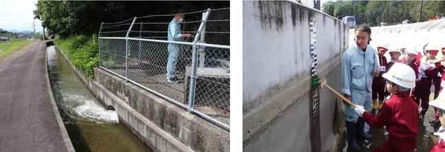 配水業務(左)、地域の小学生と水路内を清掃